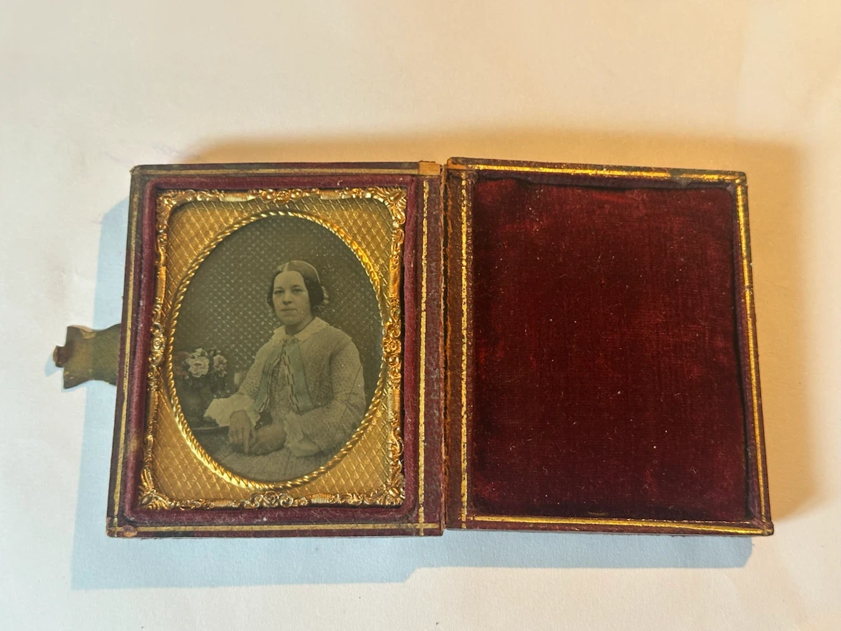Victorian 1/6 Ambrotype Seated Woman with Flowers Cased Photo