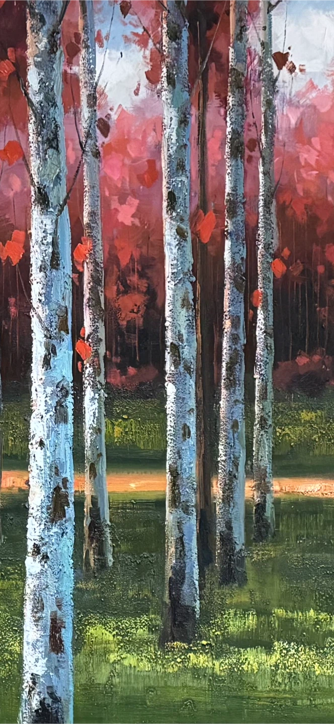Hand Painted Large Framed Birch Tree Forest Landscape Painting - photo 3