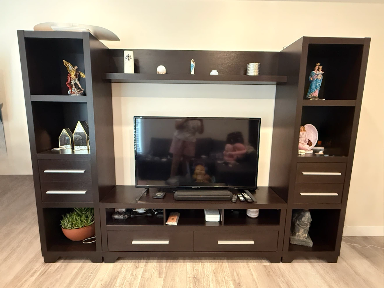 Dark Brown Entertainment Unit with Shelving and Drawers