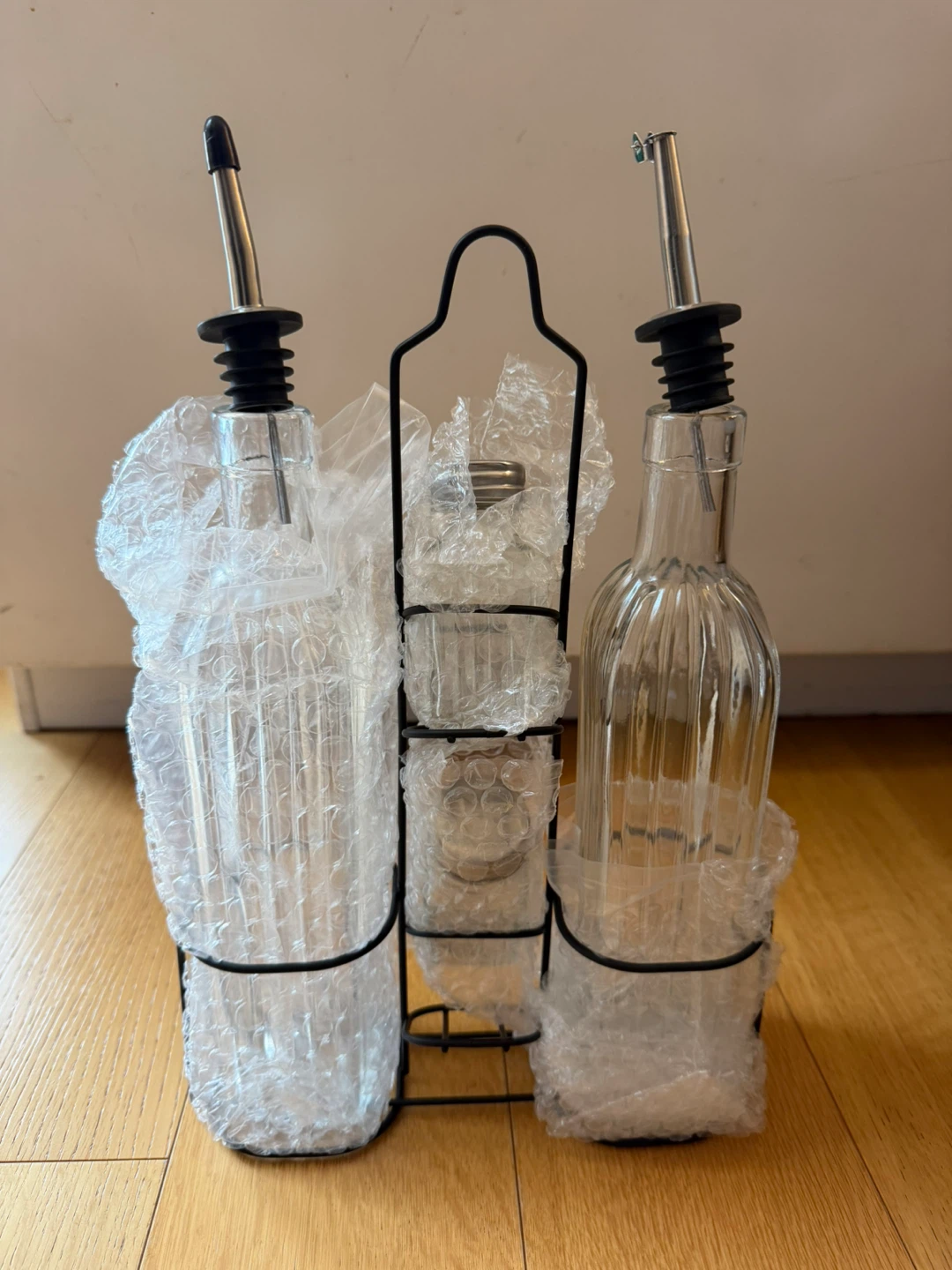 Glass Oil, Vinegar, Salt & Petter Bottle Set with Rack