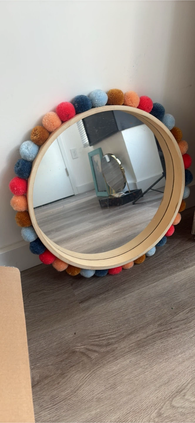 Round Decorative Mirror with Pom Poms