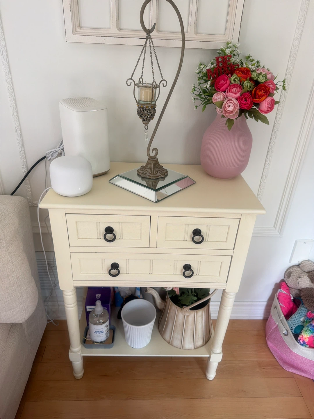 Cream Accent Table with Drawers