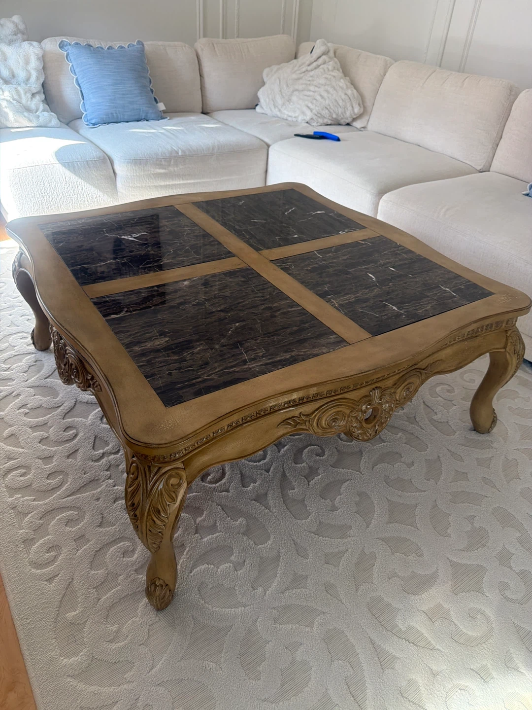 Ornate Coffee Table with Marble Top