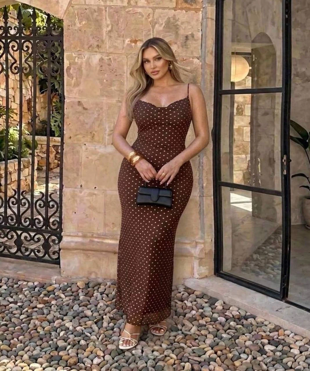 Brown Polka Dot Maxi Dress — Size 2XL - photo 2