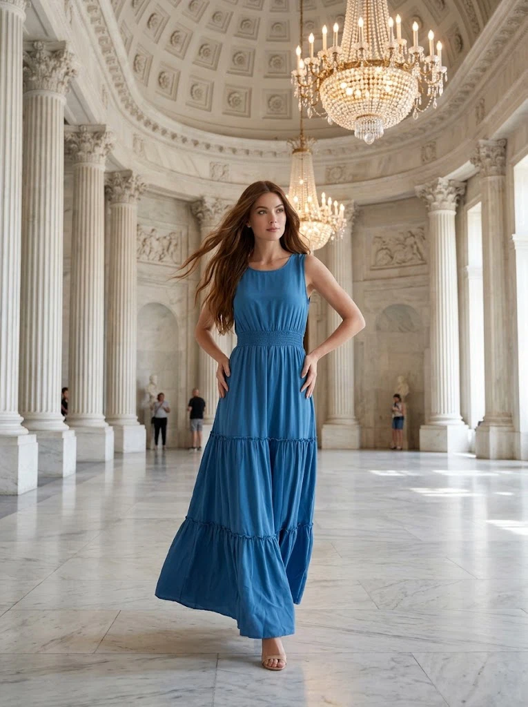 Pretty Garden Blue Tiered Midi Dress