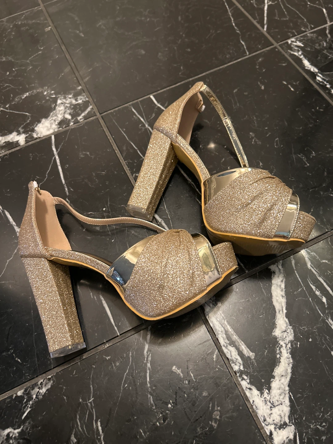 Gold Glitter Block Heels size 7 / 38 - photo 2