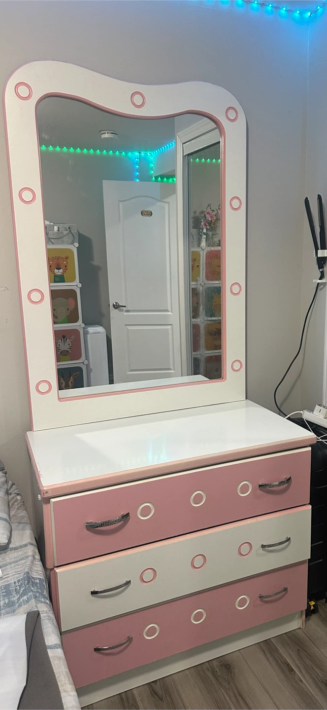 Pink and White Dresser with Mirror
