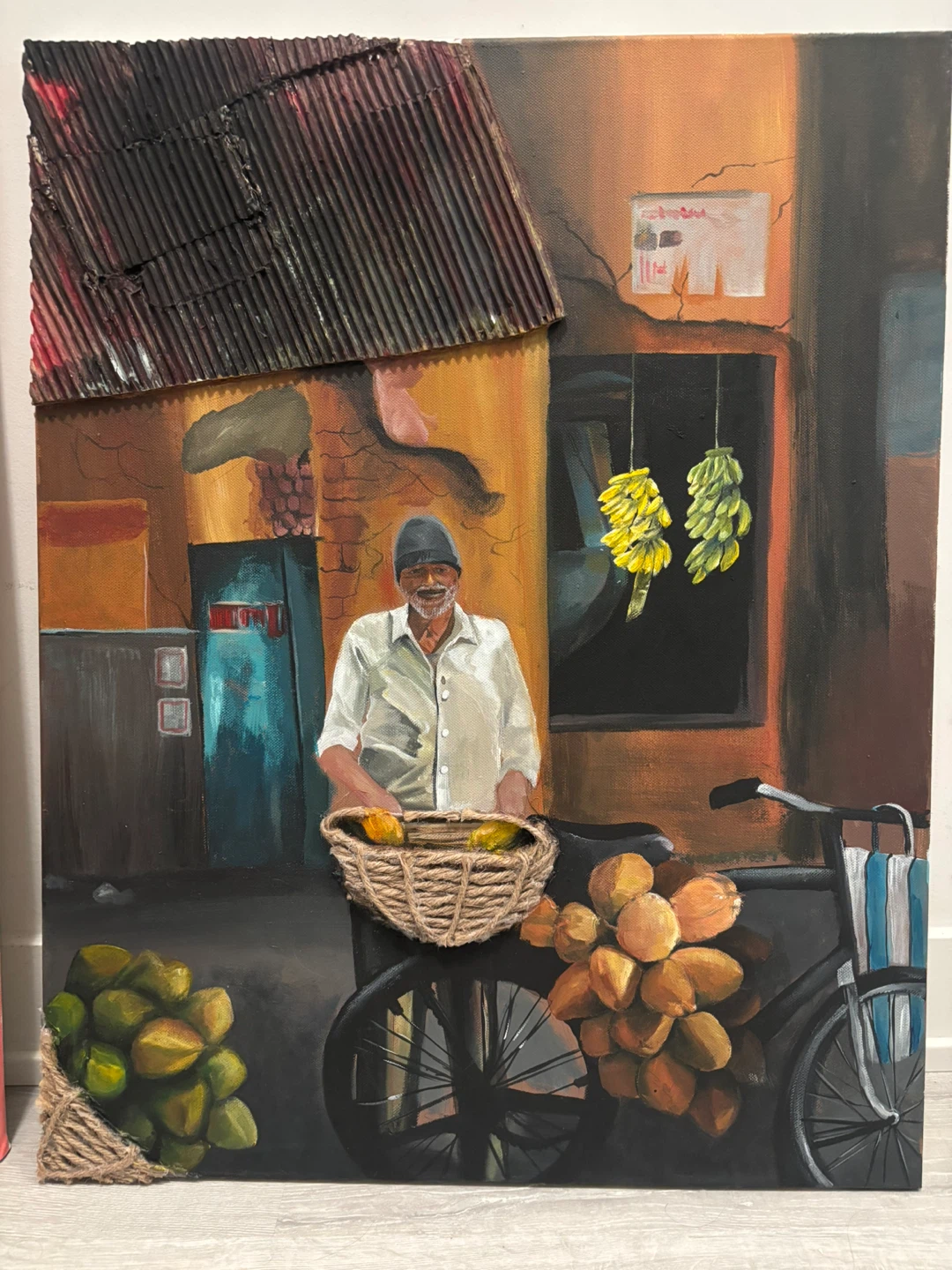 Mixed Media Painting of a Fruit Vendor