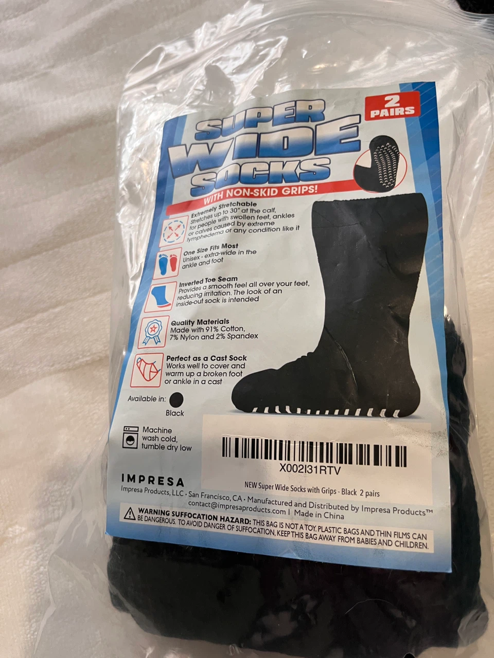2-pairs 91%cotton Wide Socks with Non-Skid Grips