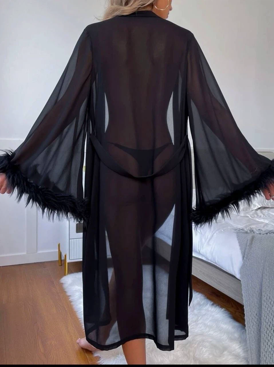 Black Feather Trim Robe with belt, size L - photo 5