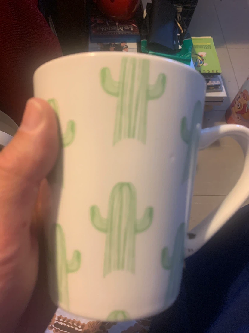 White Mug with Green Cactus Pattern