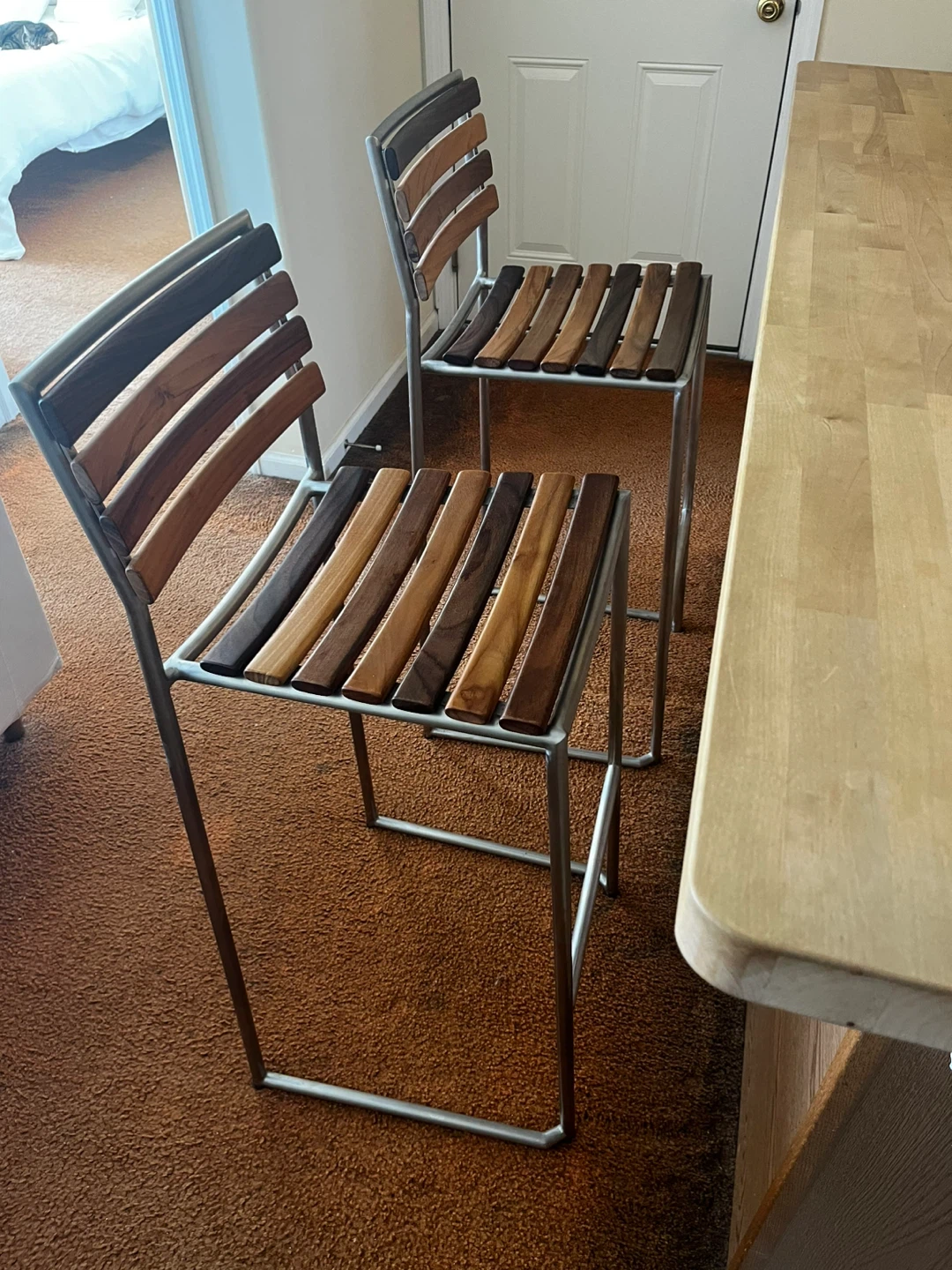 Set of 4 Modern Teak & Stainless Steel Bar Stools