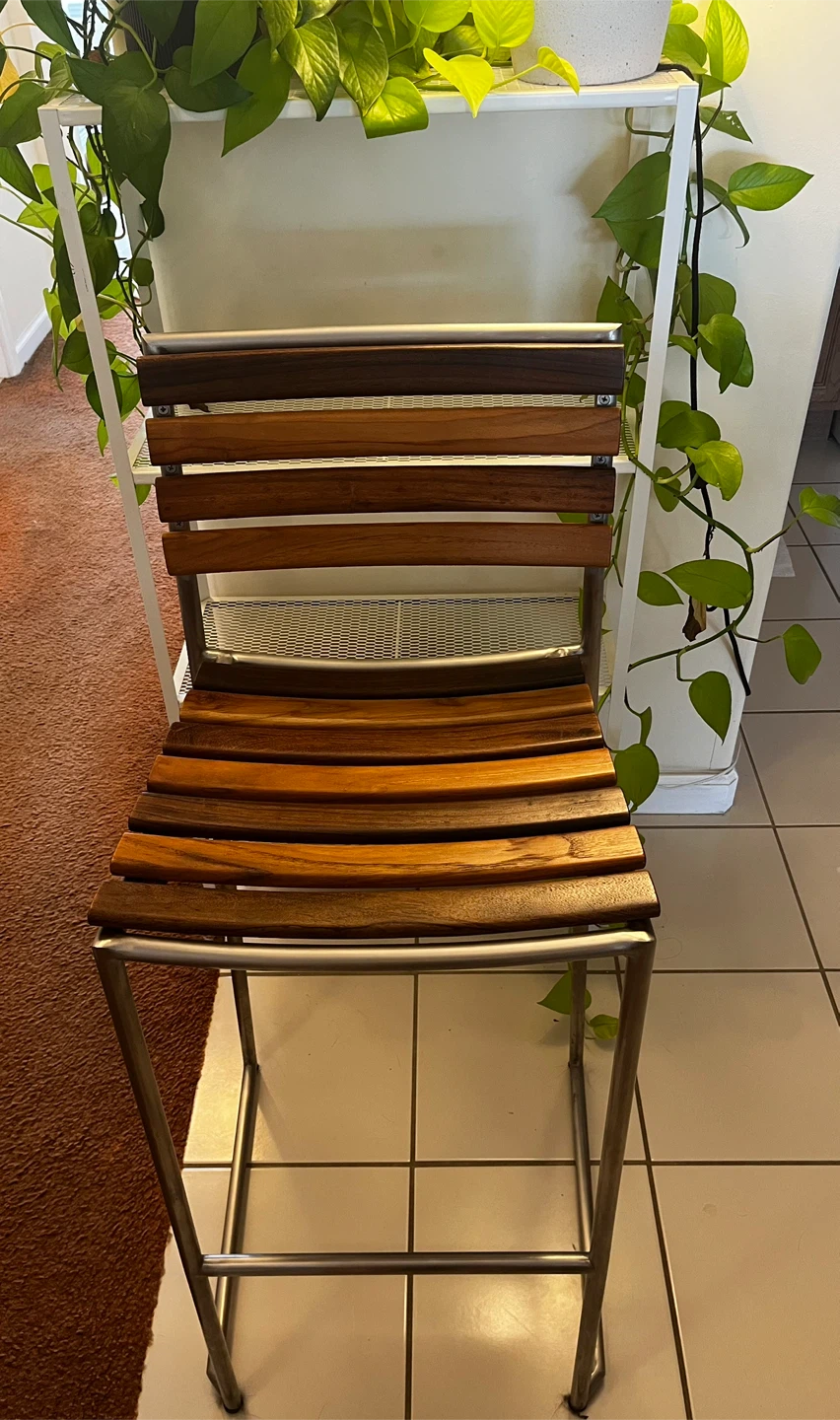 Set of 4 Modern Teak & Stainless Steel Bar Stools - photo 2
