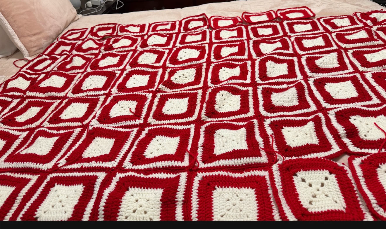 Handmade Crochet Blanket Afghan Squares Red White