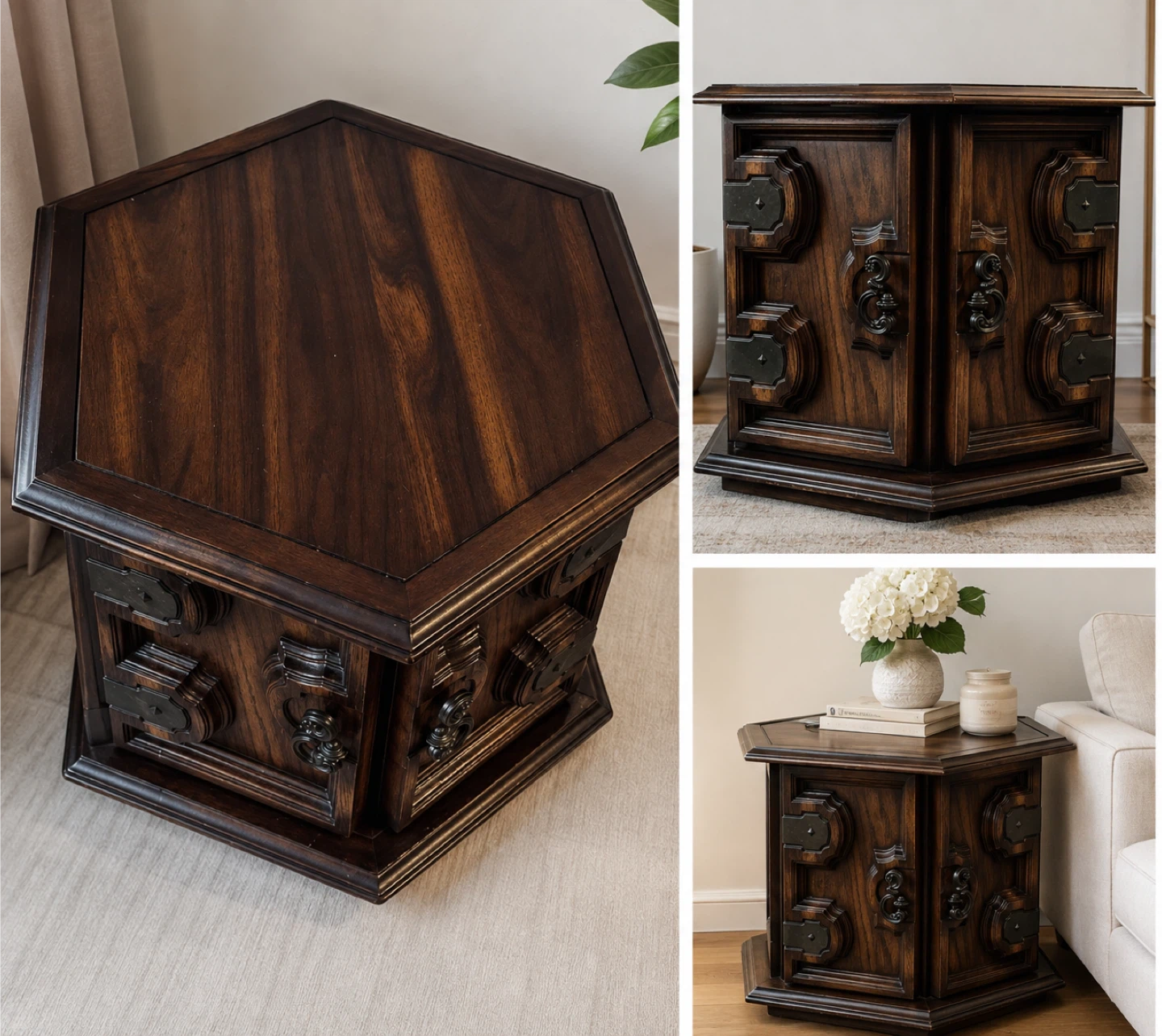 Vintage Wooden Hexagonal End Table