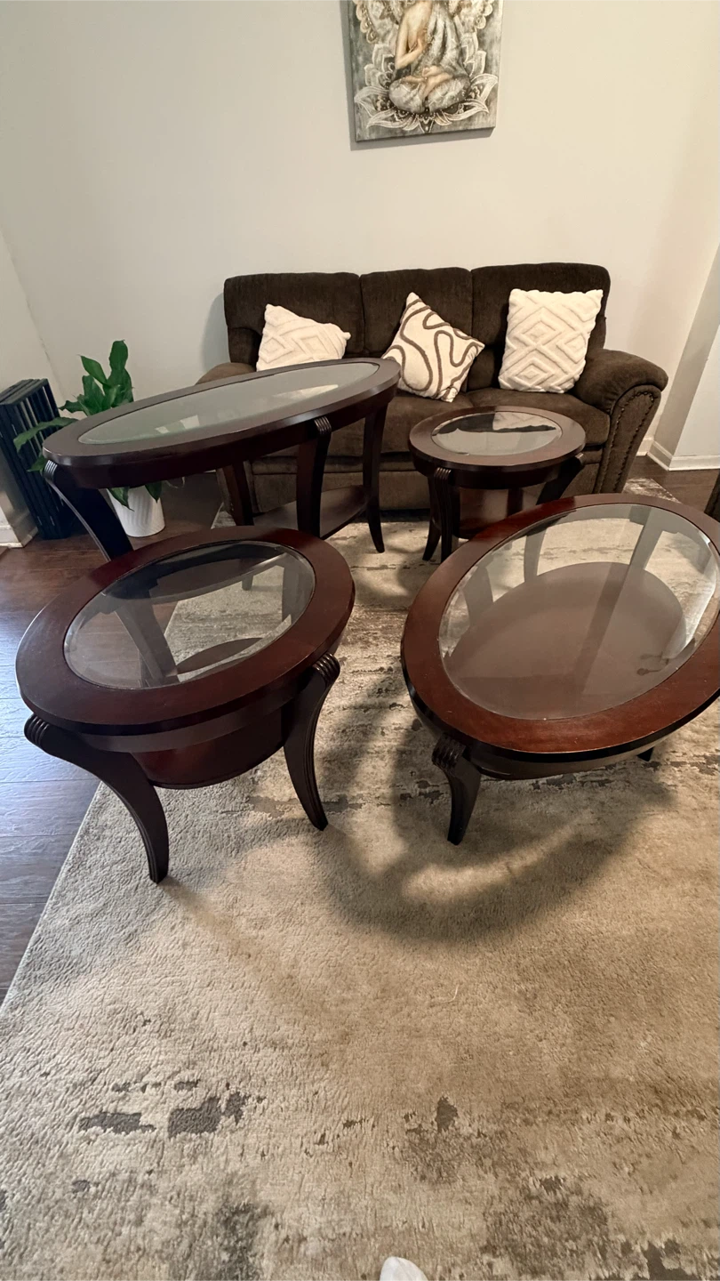 Dark Wood Oval Coffee Table Set with Glass Tops