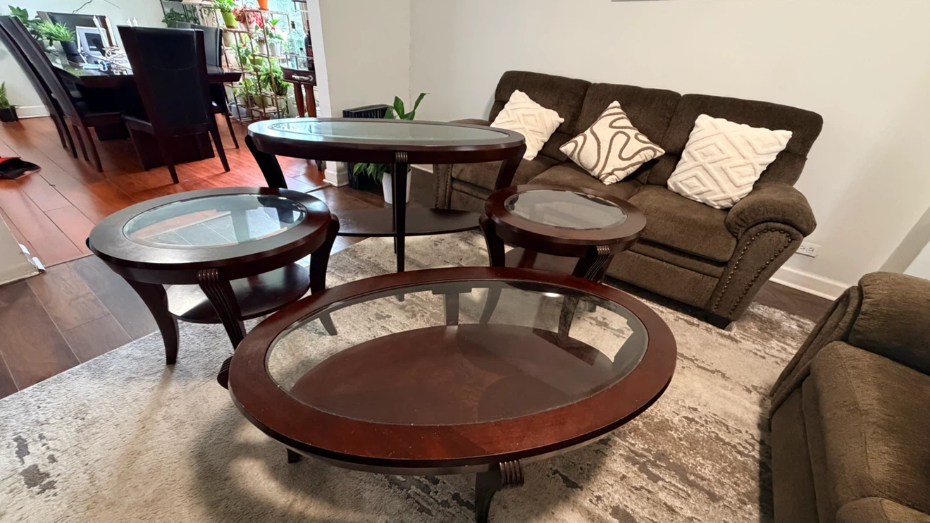 Dark Wood Oval Coffee Table Set with Glass Tops - photo 4