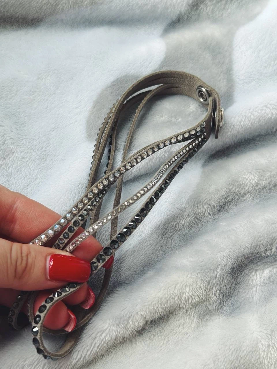 Grey Leather Wrap Bracelet with Crystals, Swarovski - photo 2