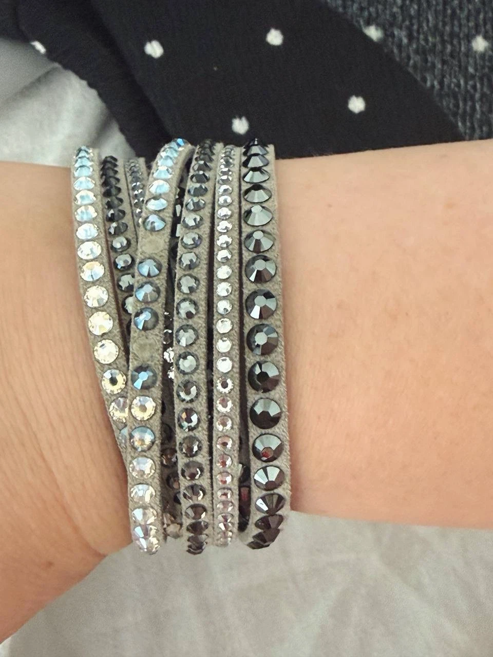 Grey Leather Wrap Bracelet with Crystals, Swarovski - photo 4
