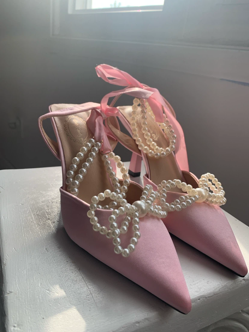 Pink Satin Heels with Pearl Embellishments