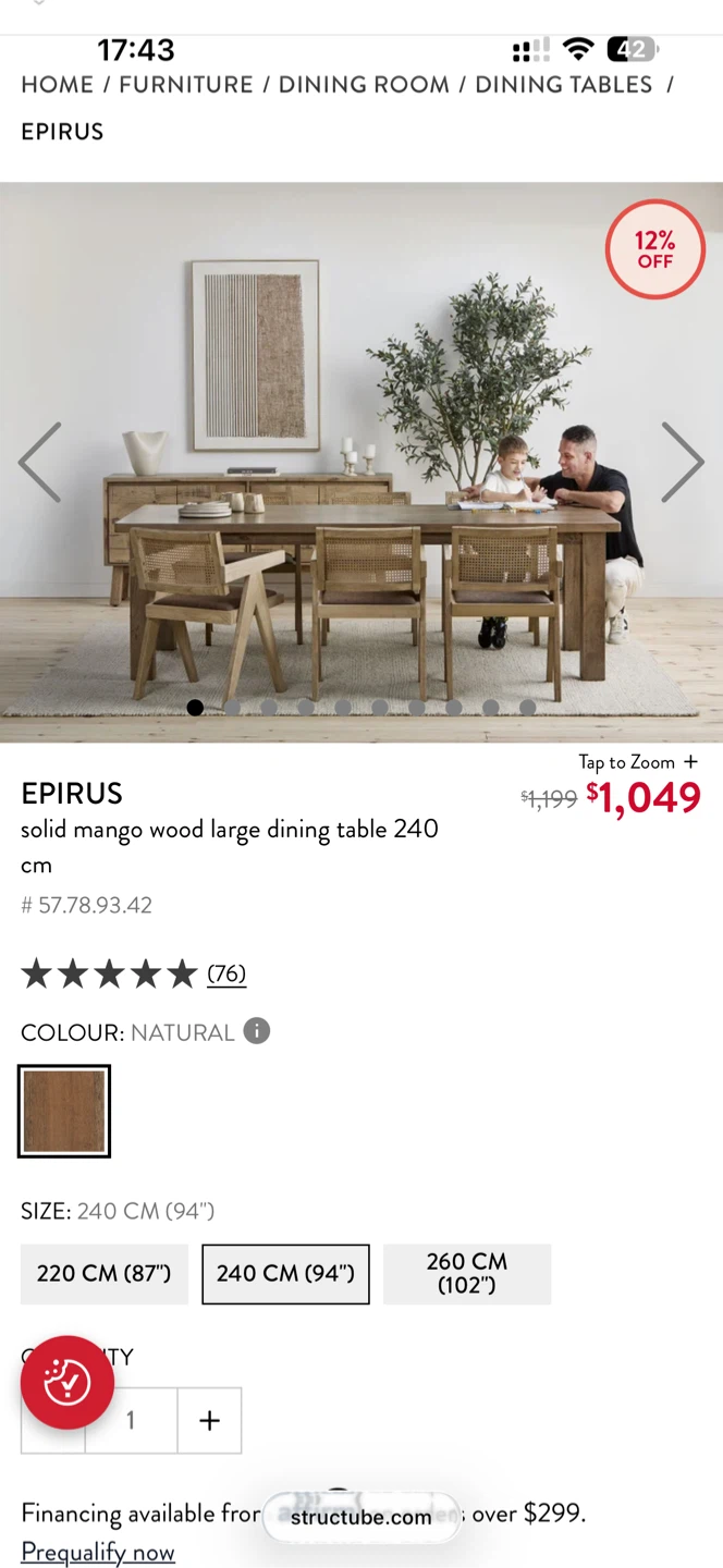 Epirus Solid Mango Wood Dining Table 240cm Natural