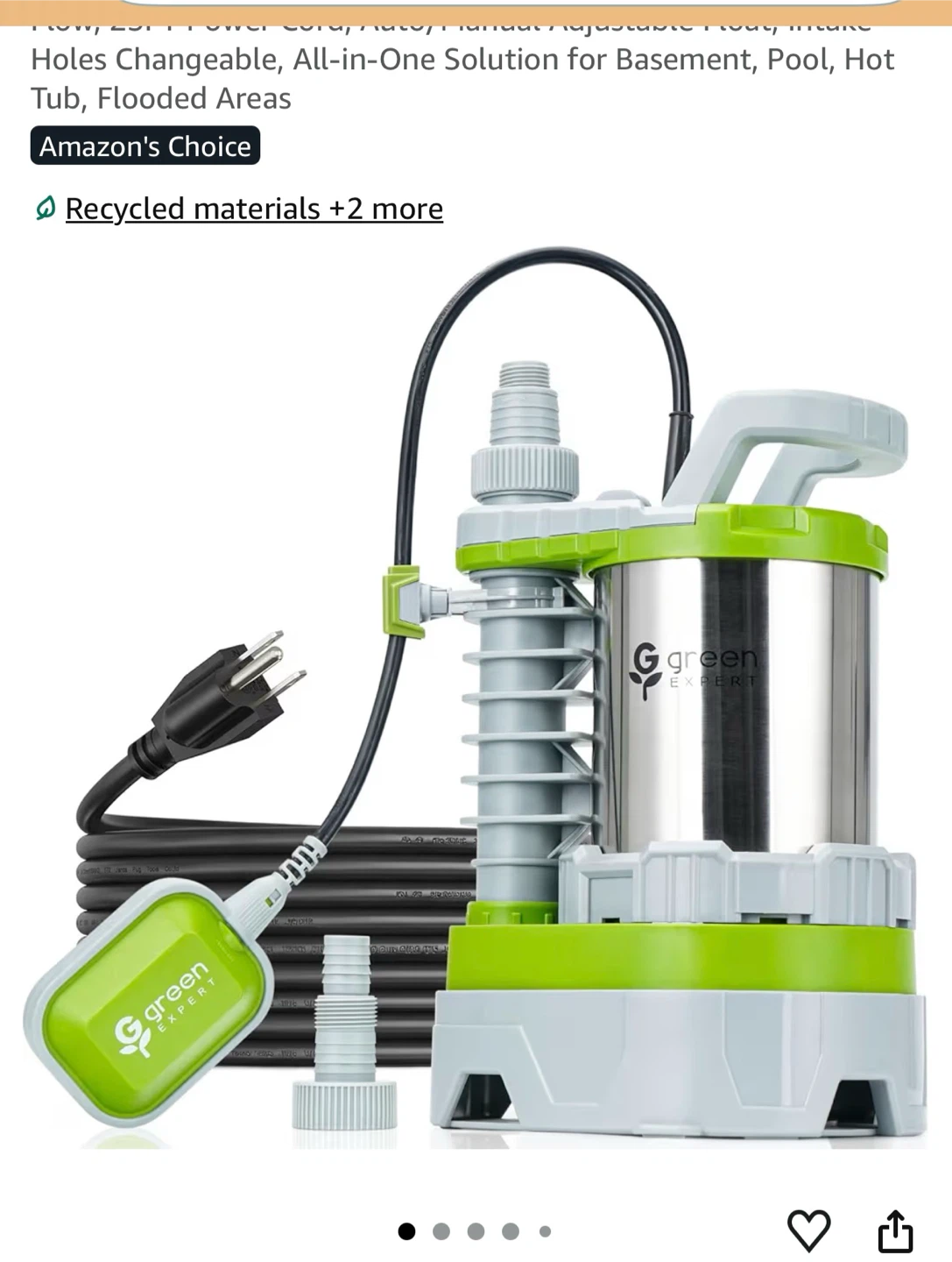 Green Expert Submersible Pump for Basement, Pool, Hot Tub