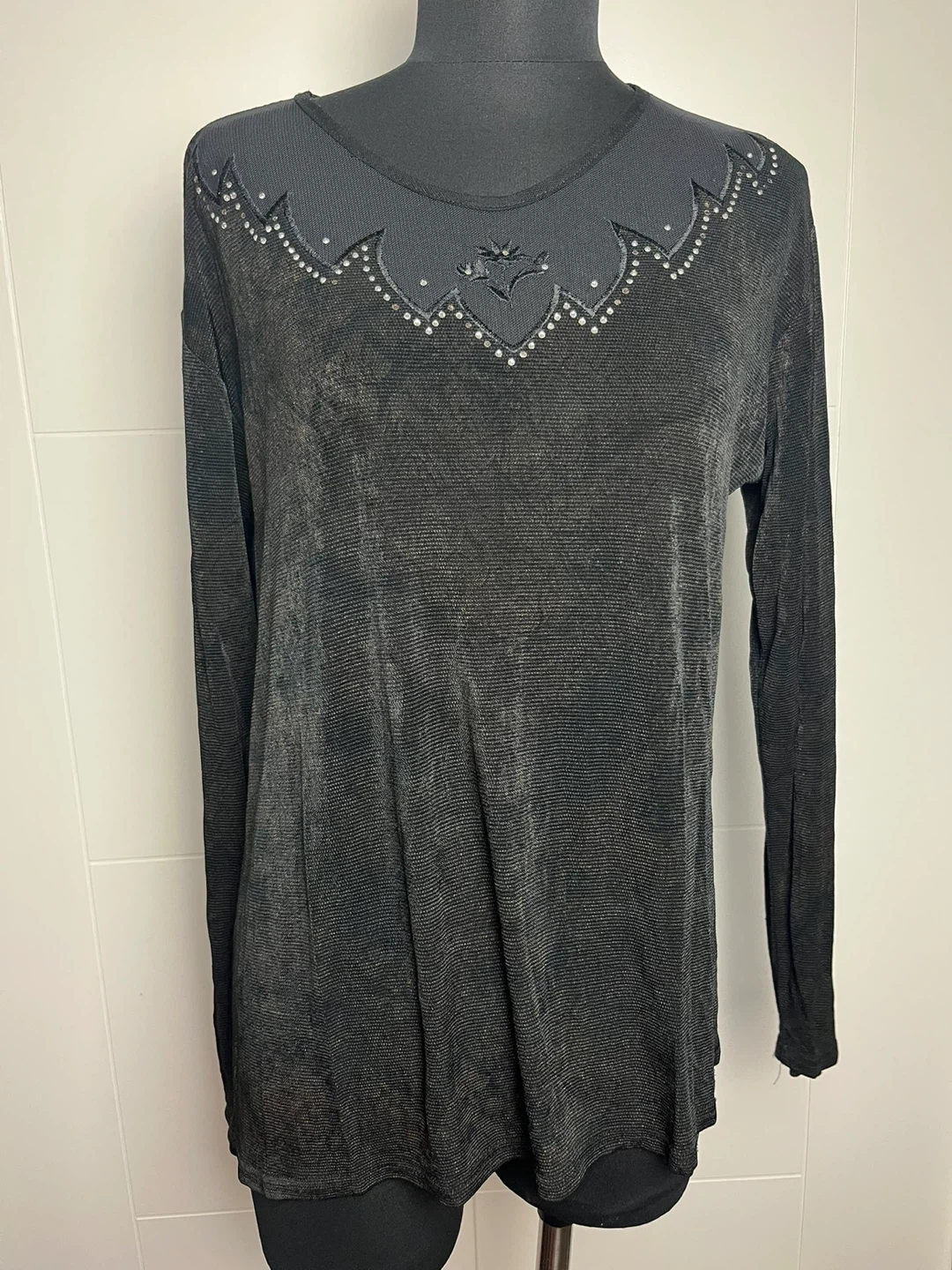 Black Mesh Embellished Long Sleeve Top