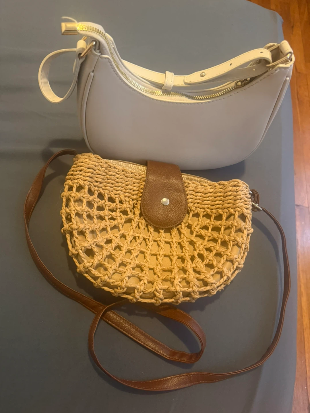 Woven Straw Shoulder Bag and White Faux Leather Shoulder Bag Set