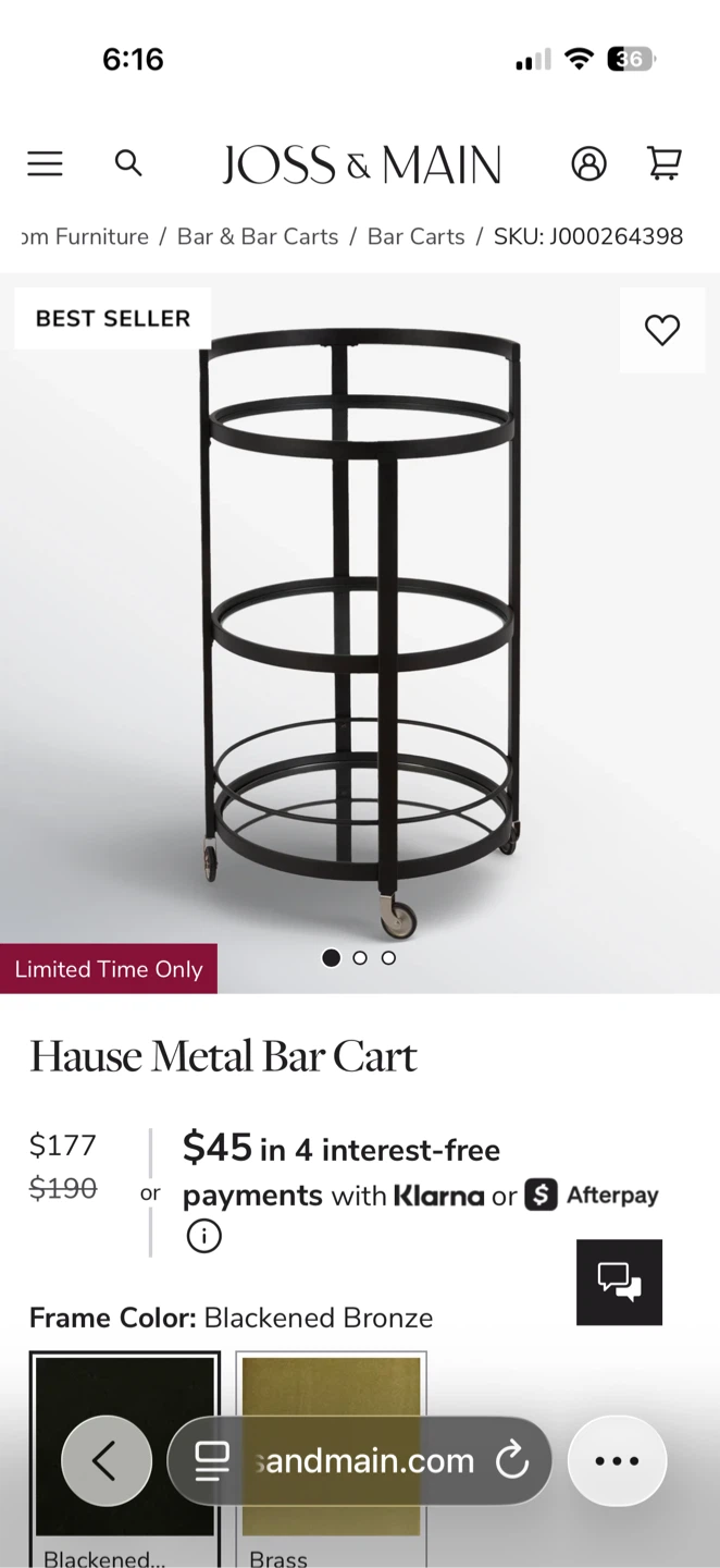 Joss & Main "Hause" Metal Bar Cart - Blackened Bronze