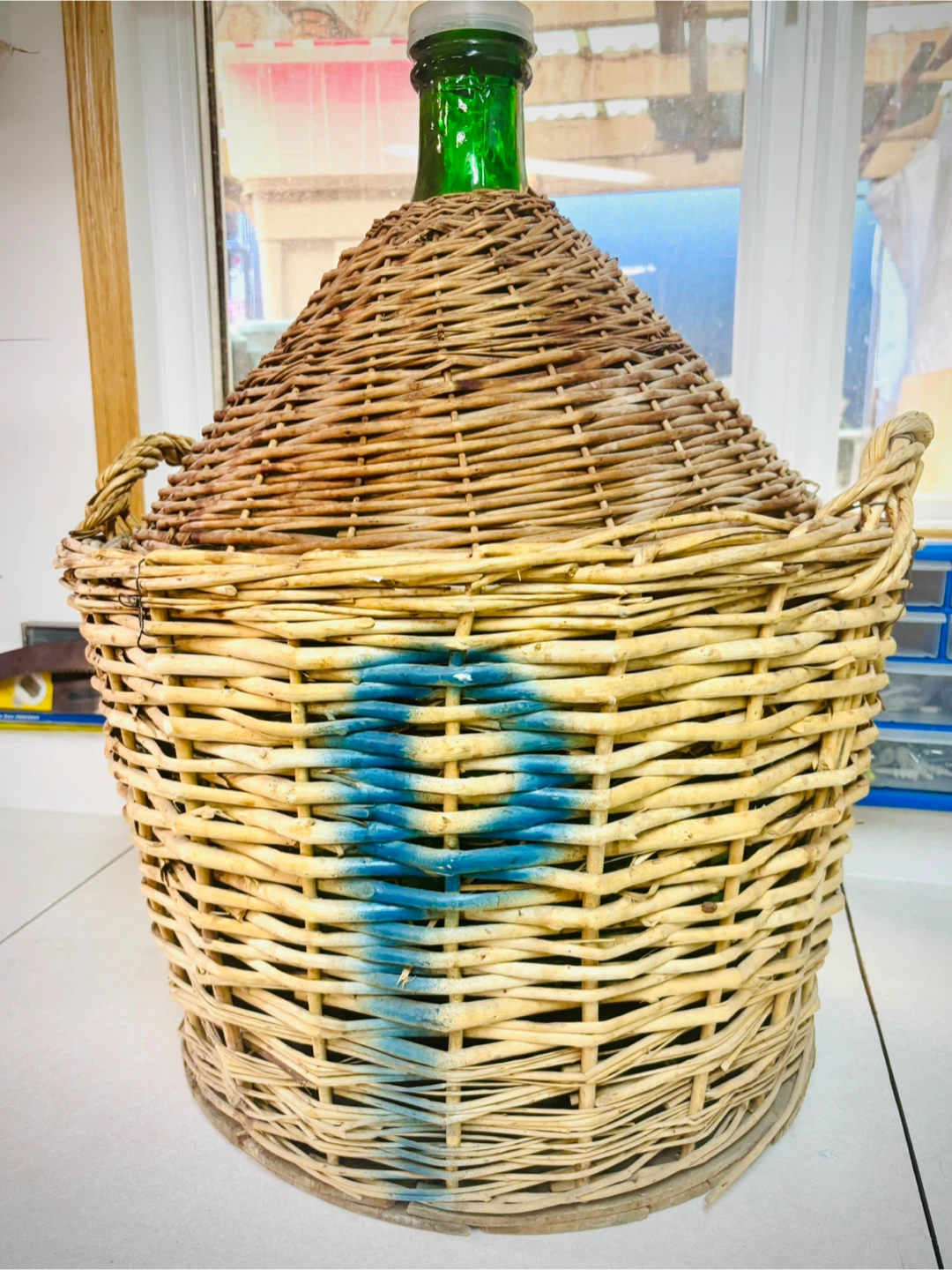 Vintage 54L Green Glass Demijohn in Woven Wicker Basket