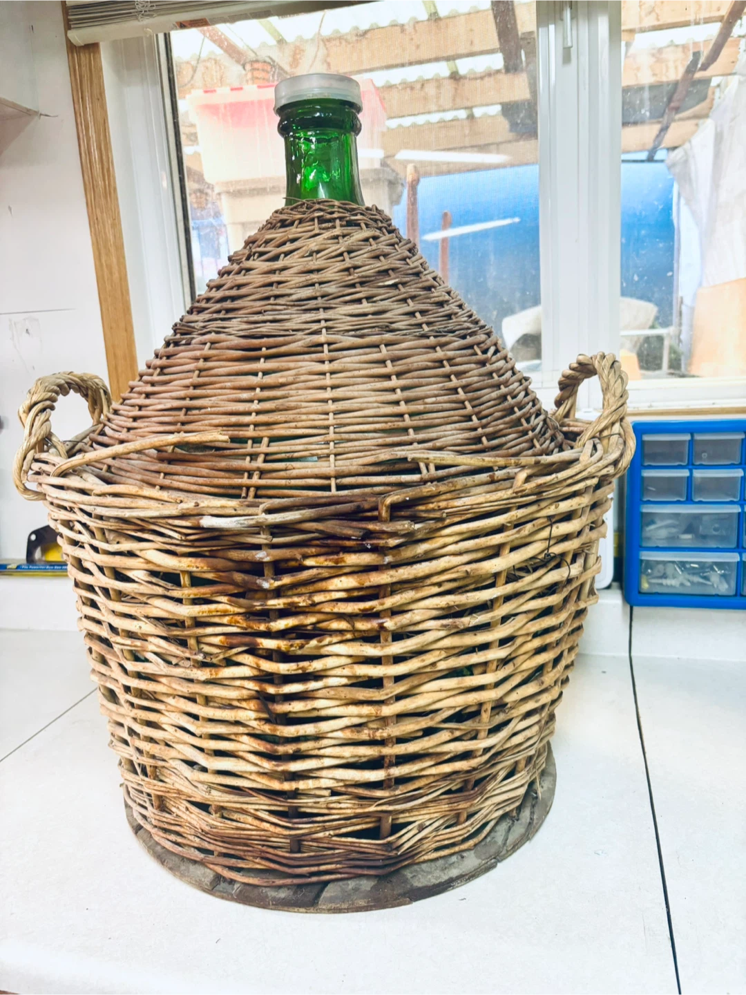 Vintage 54L Green Glass Demijohn in Woven Wicker Basket - photo 2