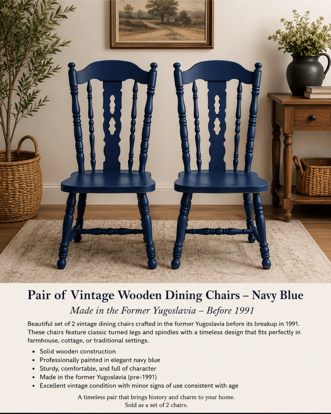 Pair of Vintage Wooden Dining Chairs - Navy Blue