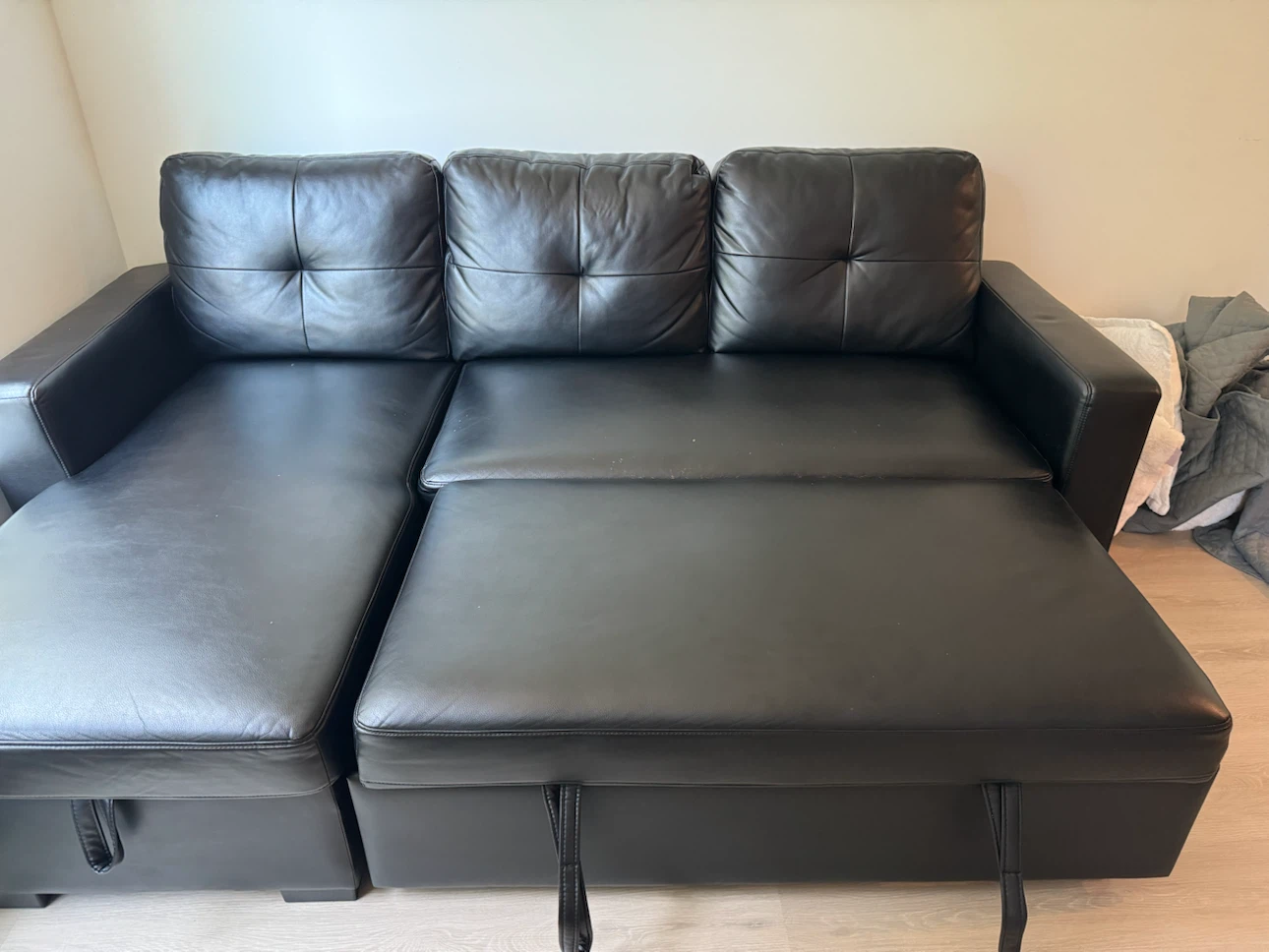 Black Faux Leather Sectional Sofa Bed with Storage
