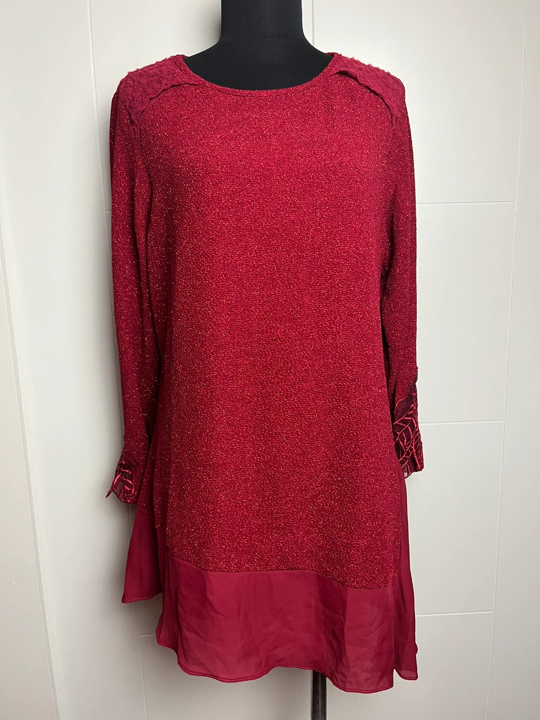 CHAN.LEA Red Textured Long Sleeve Tunic with Sheer Hem