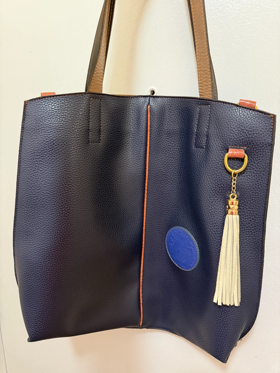 Navy Leather Tote Bag with Tassel