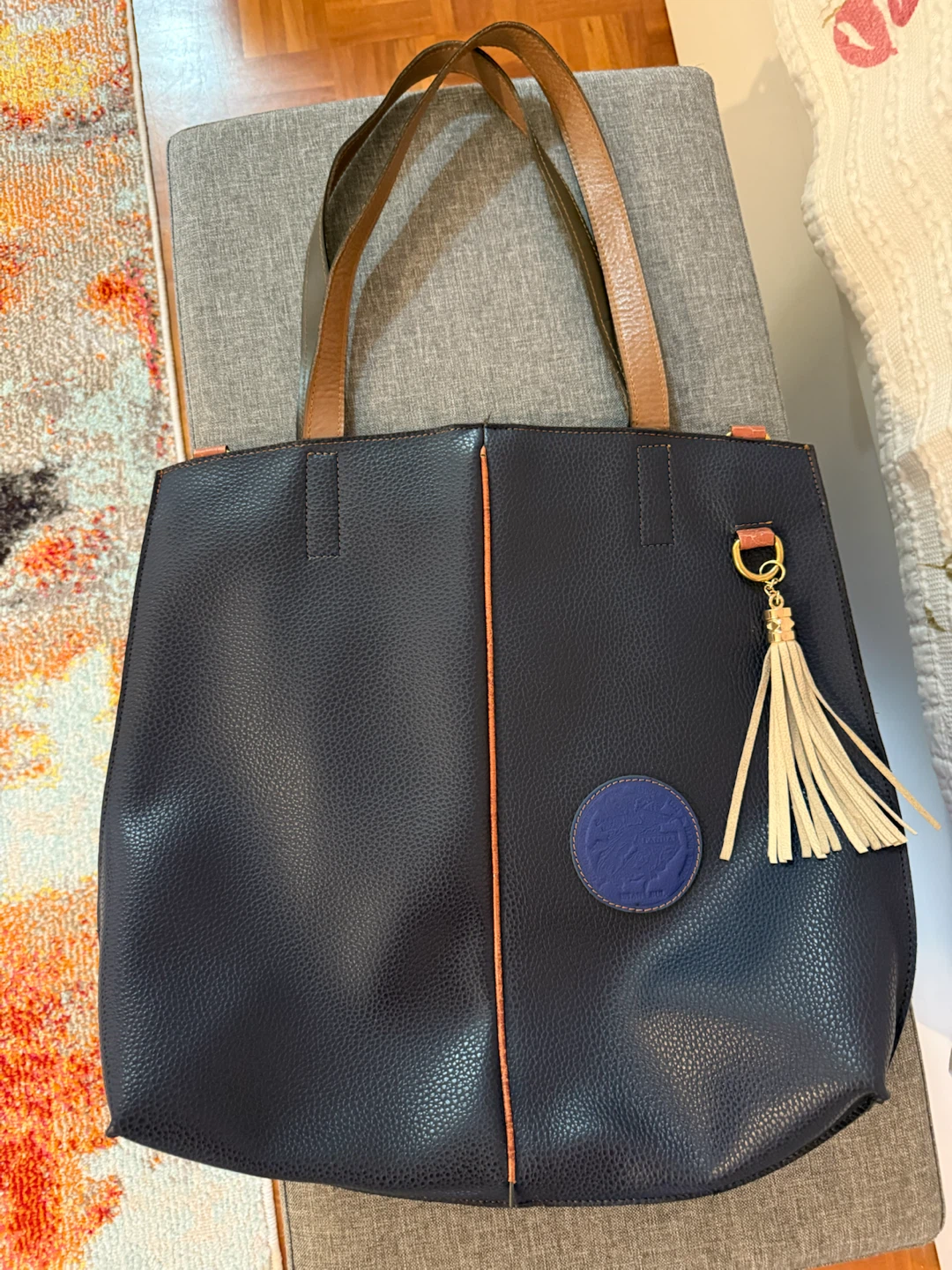 Navy Leather Tote Bag with Tassel - photo 2