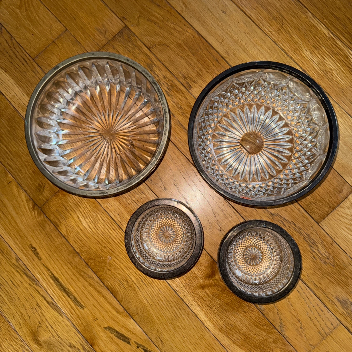 Vintage glass Serving Bowls with Metal Trim