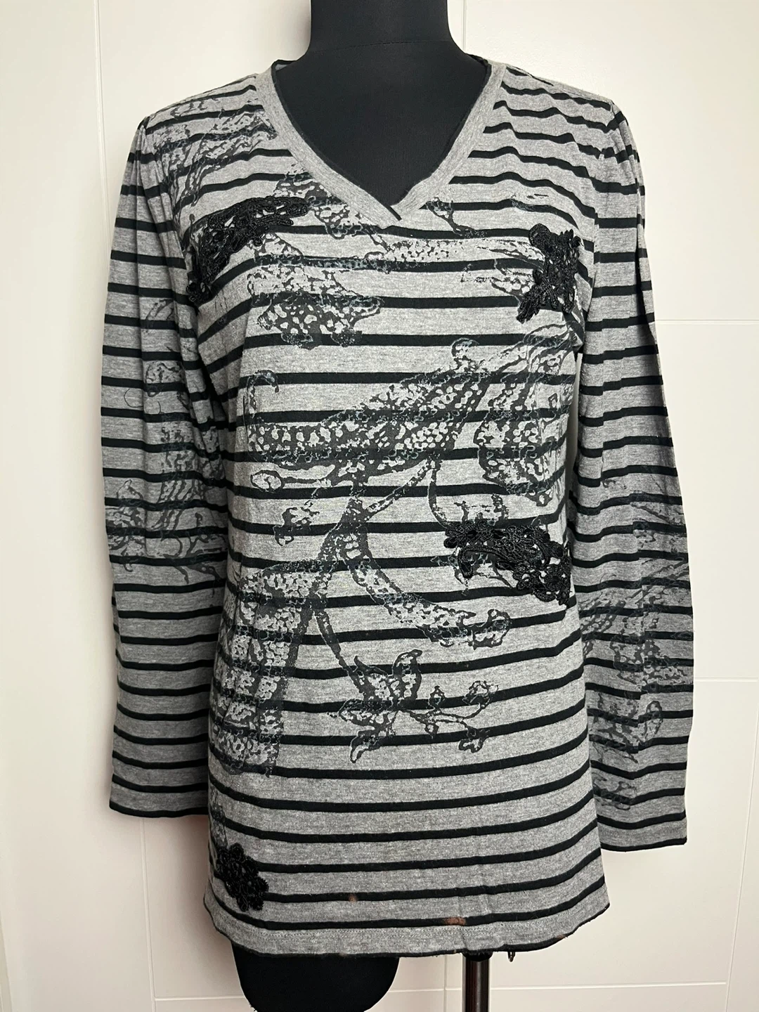 Style & Co Grey & Black Striped V-Neck Top