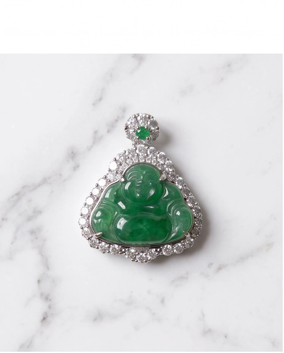 Jade Buddha Pendant with Diamond and Emerald Accents