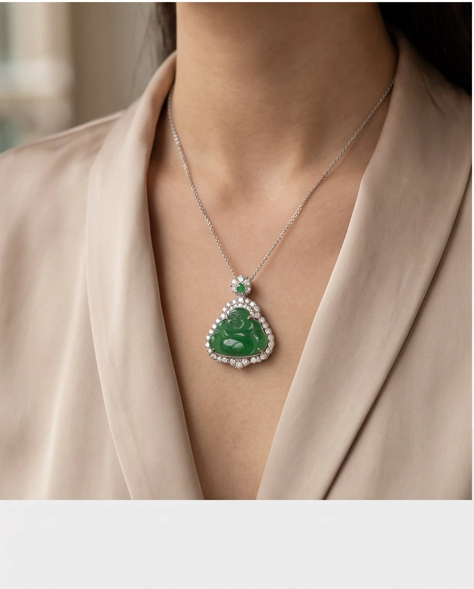 Jade Buddha Pendant with Diamond and Emerald Accents - photo 3