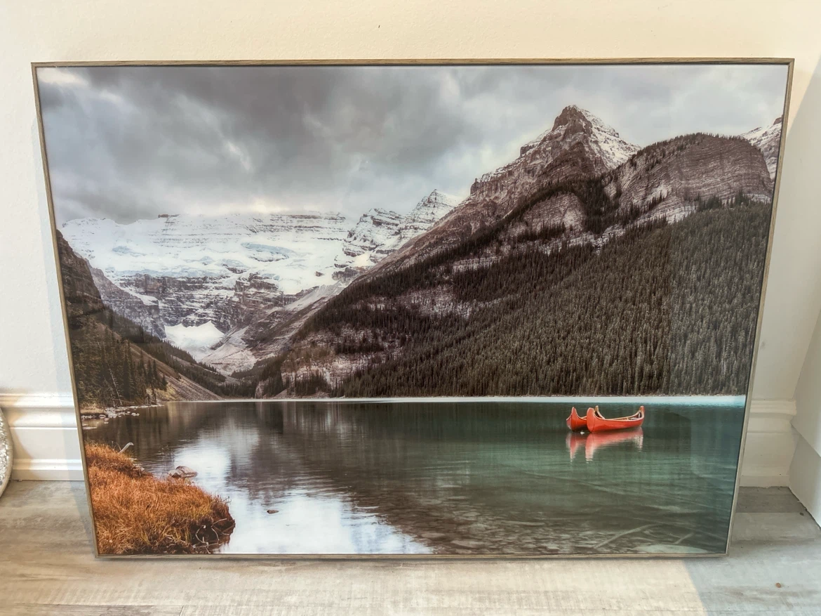 Framed Wall Art Print(glass) - Mountain Lake & Canoes