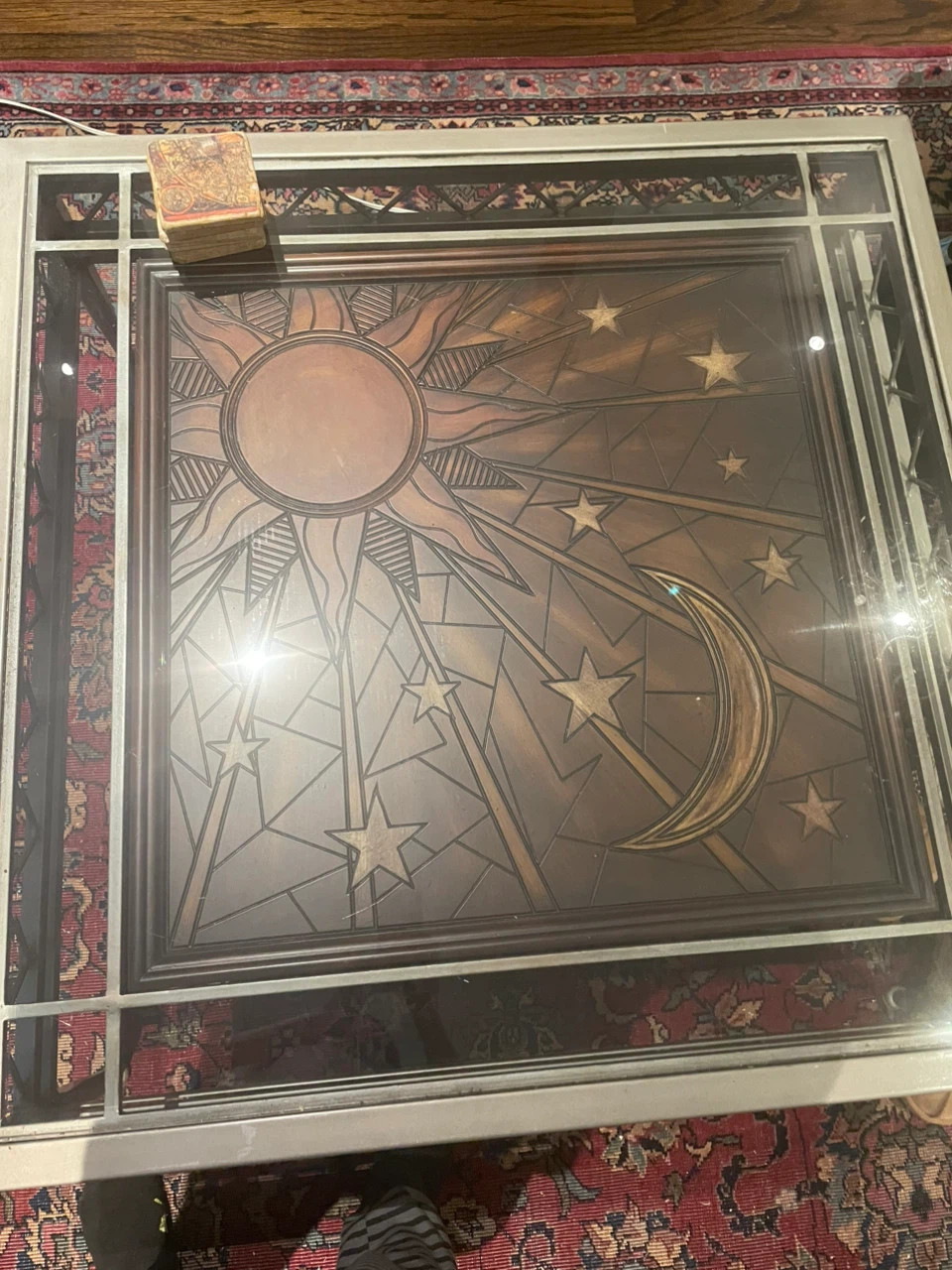 Square Coffee Table with Sun and Moon Design