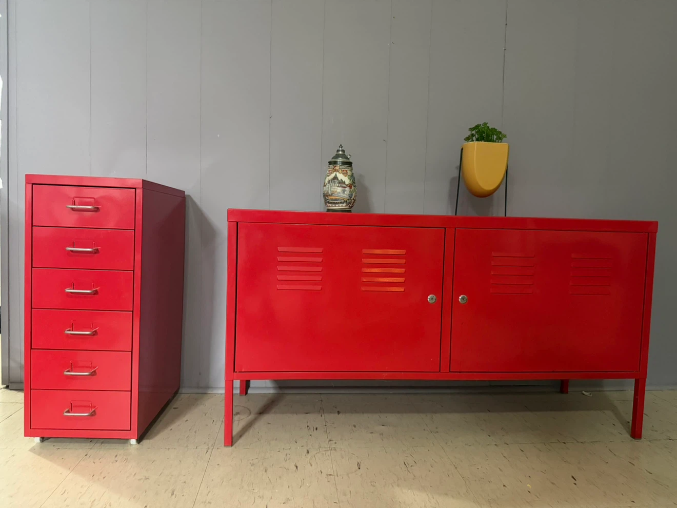 Red Metal Storage Cabinet with Drawers