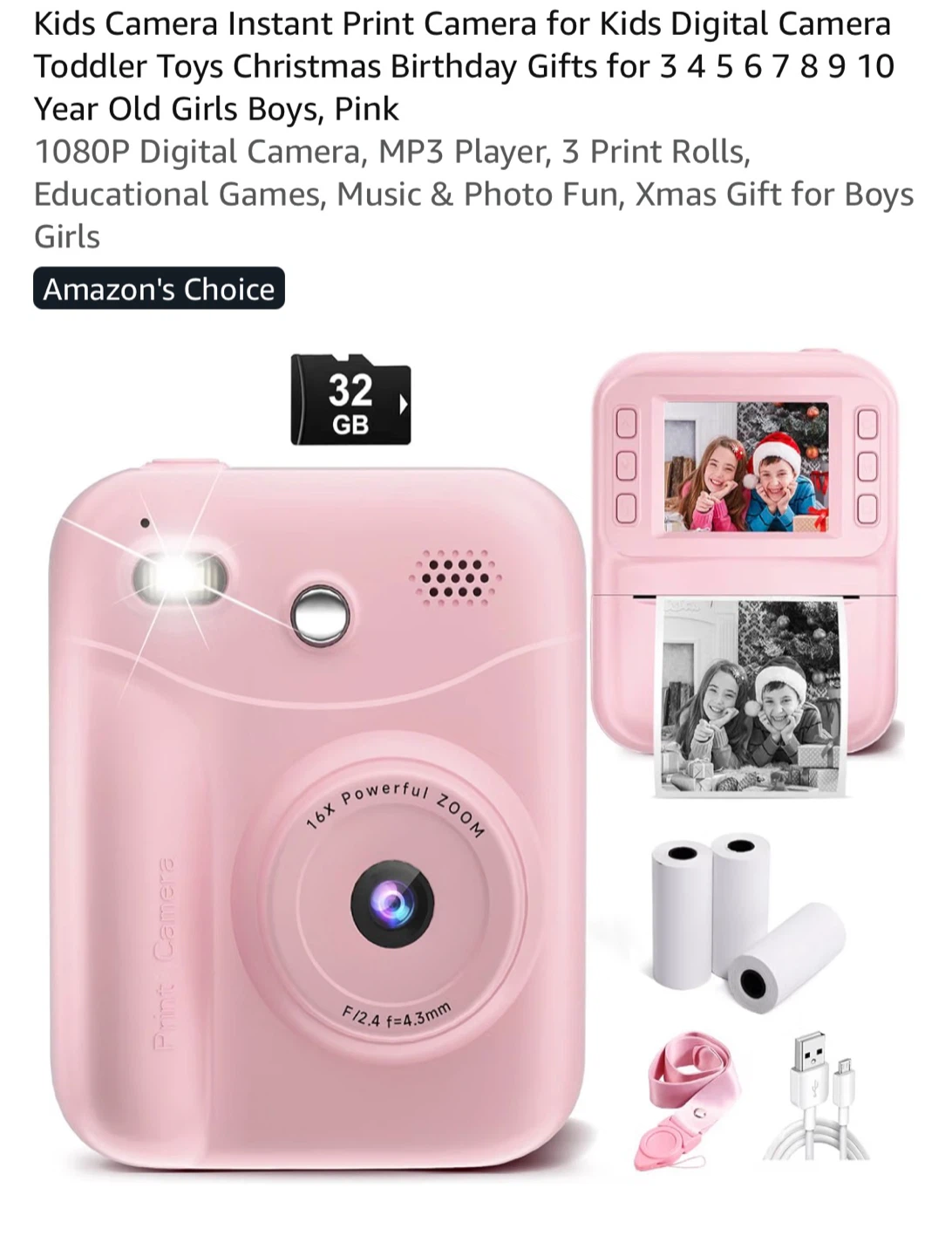 Pink Instant Print Digital Camera for Kids