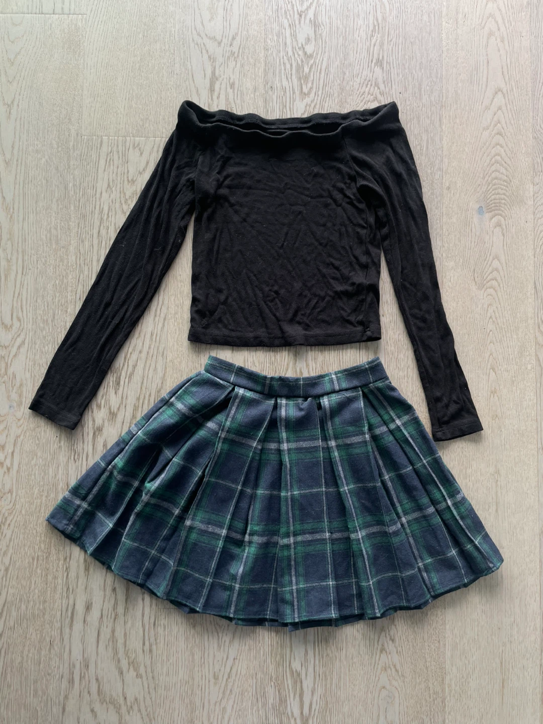 $5 for all, Size S, Black off-the-shoulder top and plaid skirt