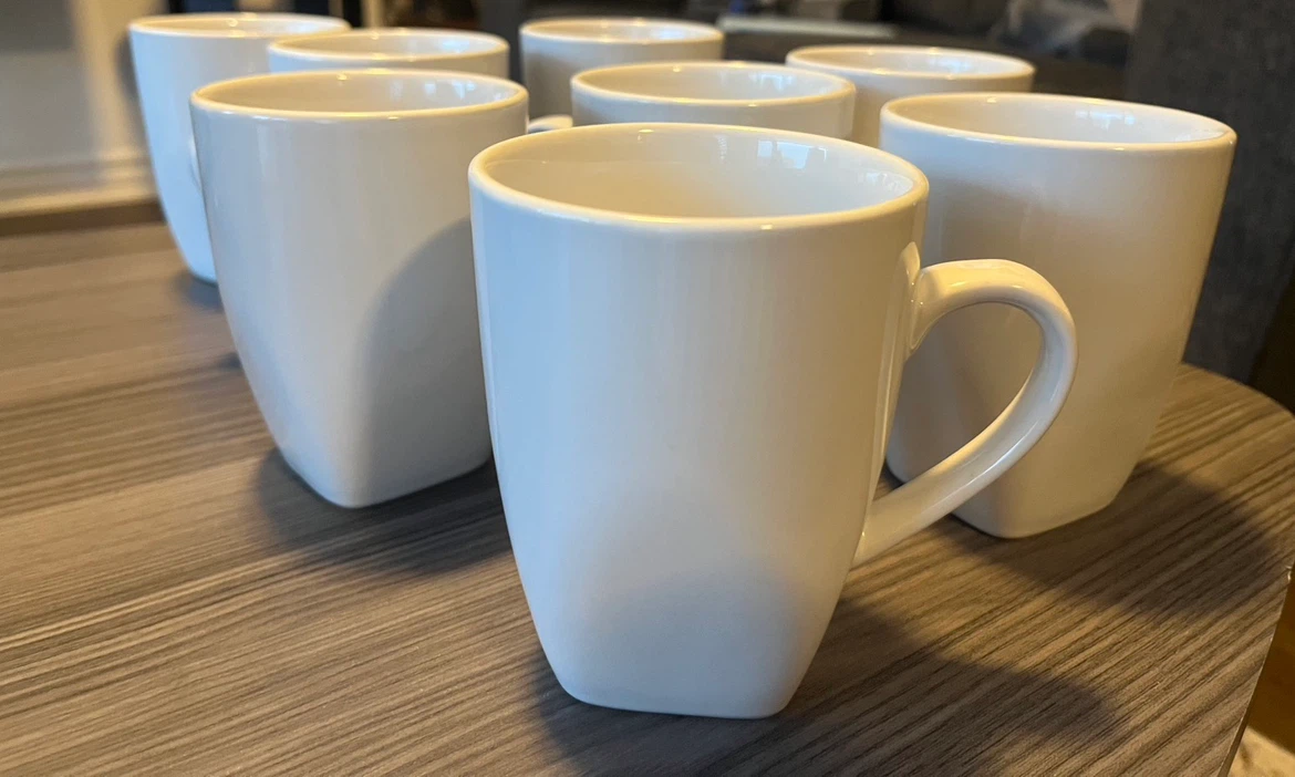 Set of 8 Brand New White Ceramic Mugs