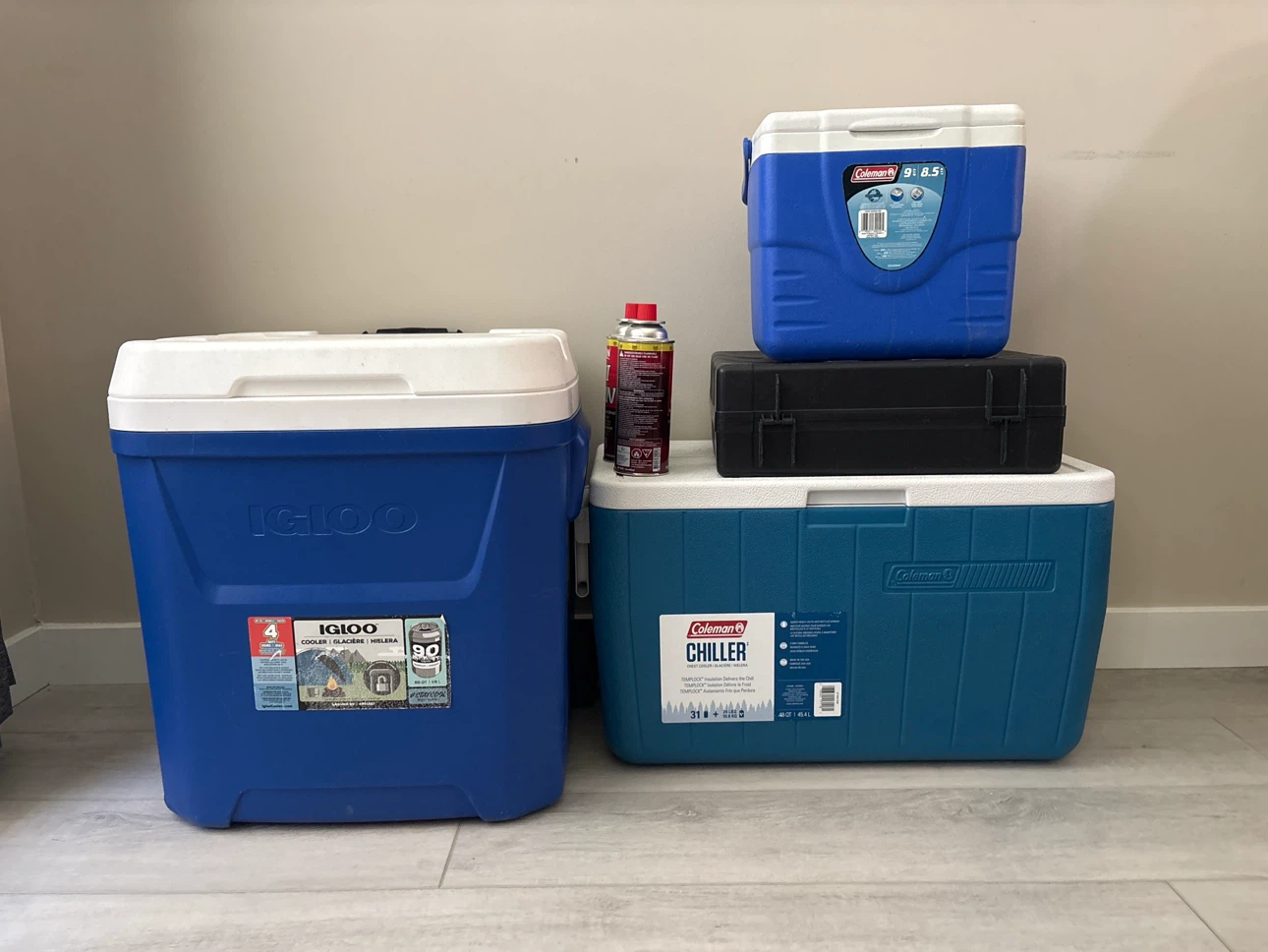 Igloo and coleman cooler and portable gas stove