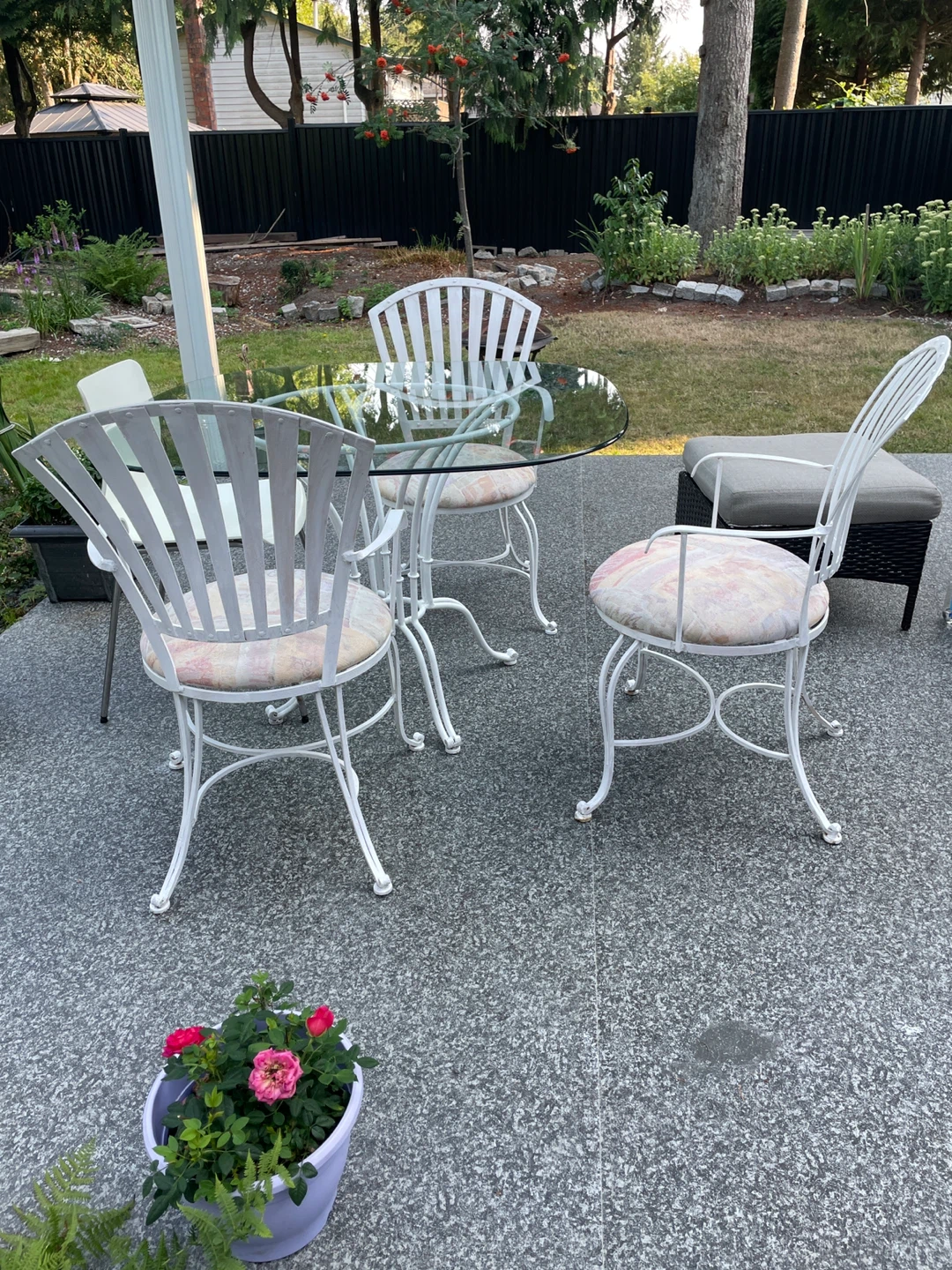 White Metal Patio Dining Set with Glass Top Table