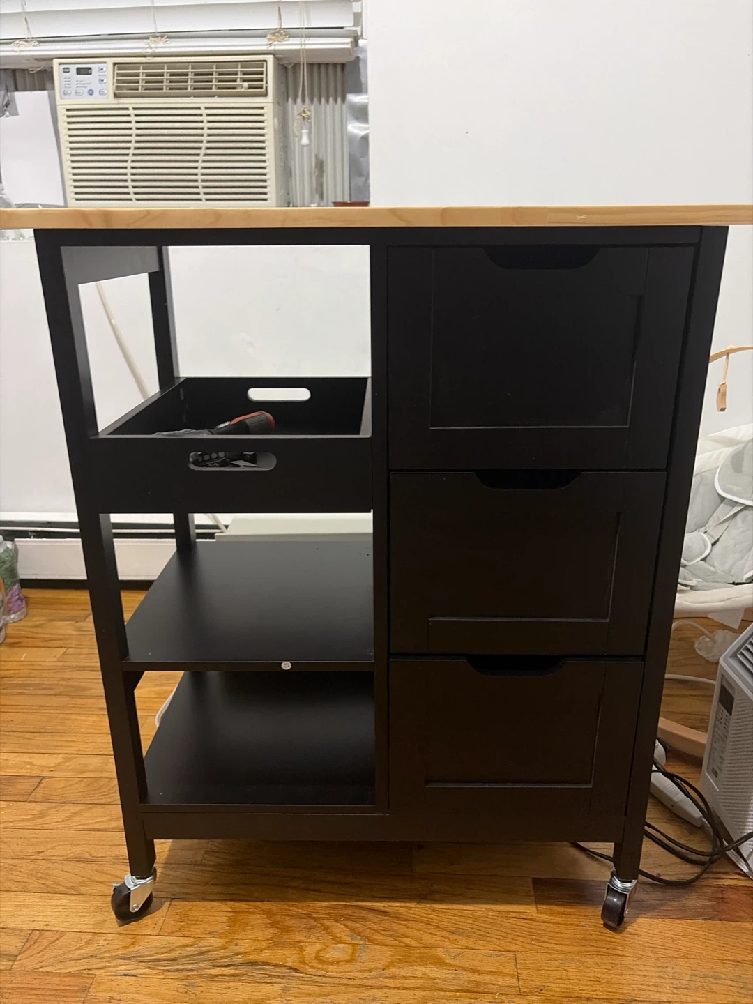 Black Kitchen Cart with Wooden Top