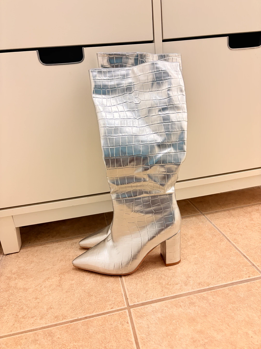 Silver Crocodile Print Knee-High Boots